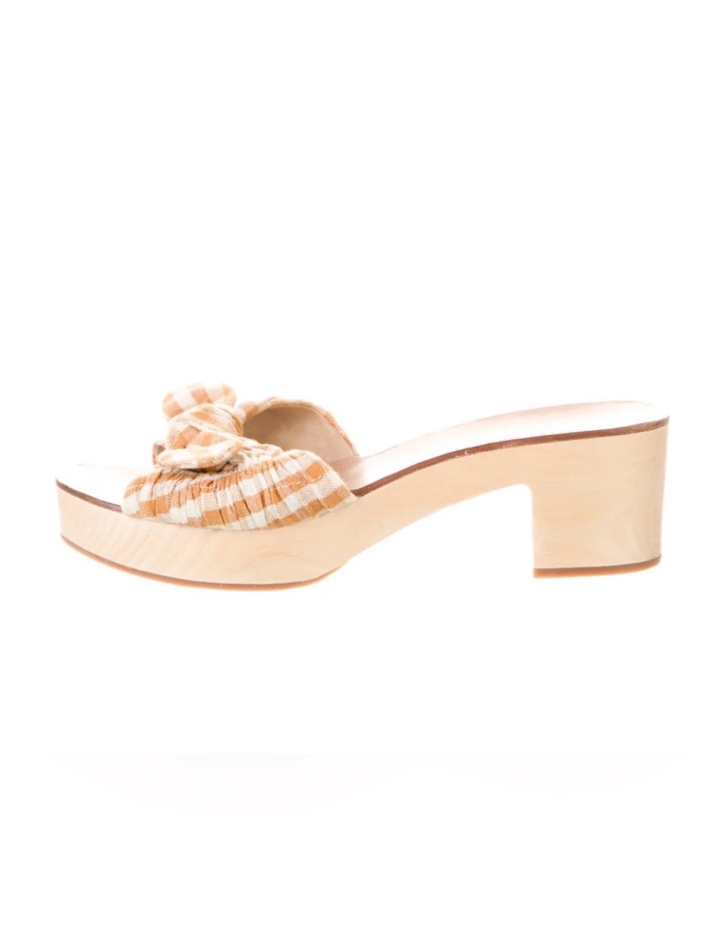 Loeffler Randall Tan and White Gingham Bow Slide Mules